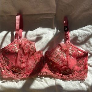 Elegant Coral and Gold Foil Unlined Underwire Lace Bra